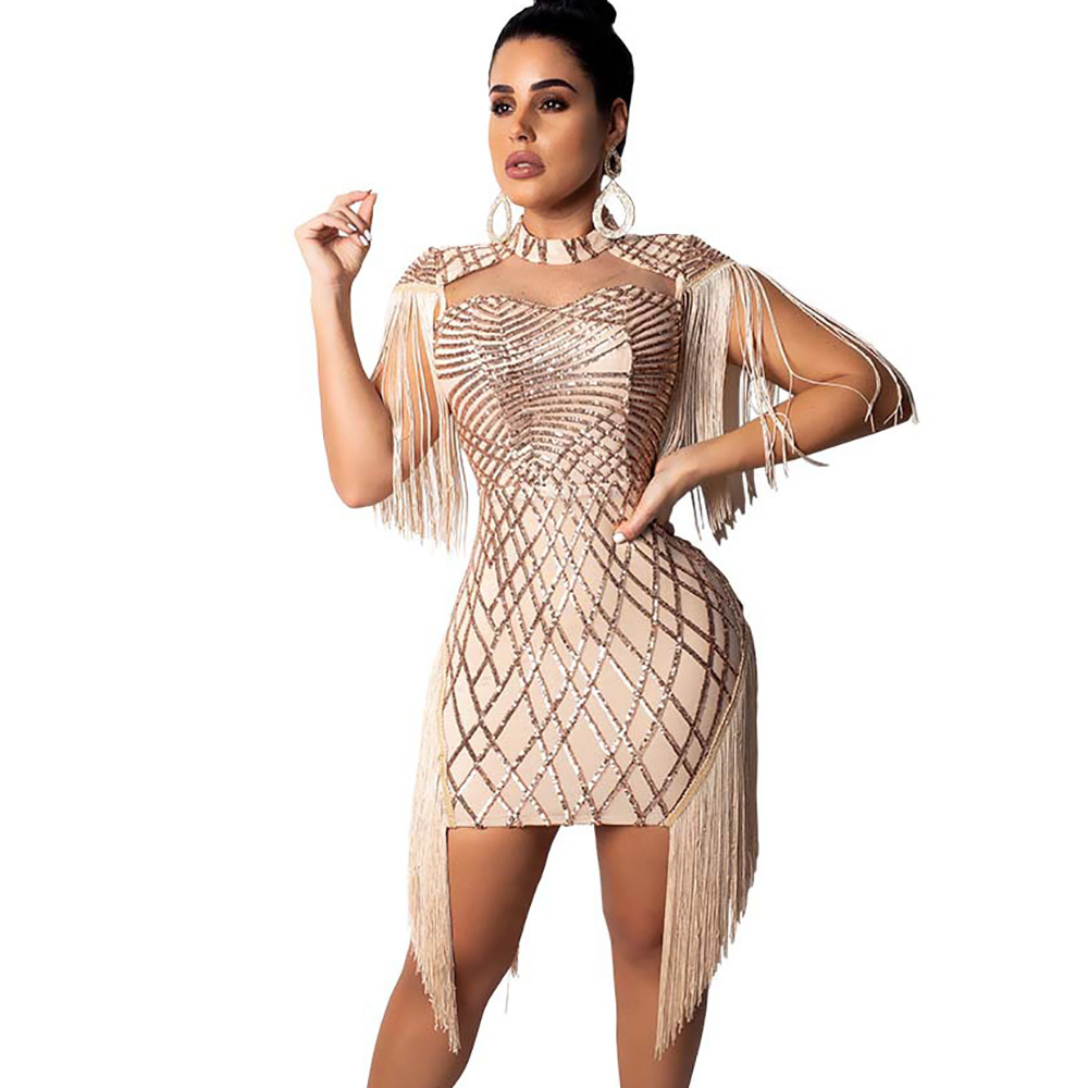 Abasona Fringe Sequined Bodycon Party Tassels Dresses Patchwork Black Red Khaki Night Club Sexy Mini Bandage Vestidos Summer