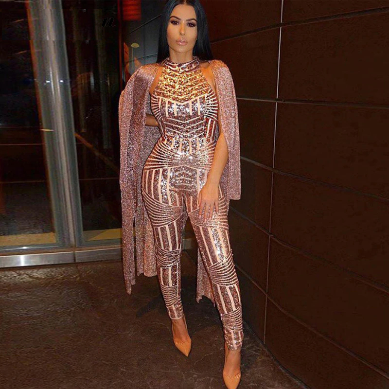 Kricesseen Popular Gold Sequins Jumpsuit Romper Summer Women Glitter Halter Open Back Party Jumpsuit Female Overalls Clubwear