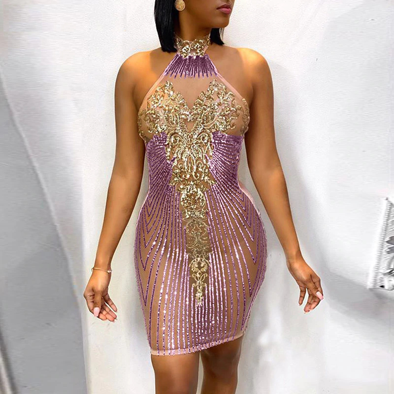Kricesseen Sexy Sequined Halter Neck See Through Mini Dress Women Spring Backless Bodycon Party Dress Birthday Outfits