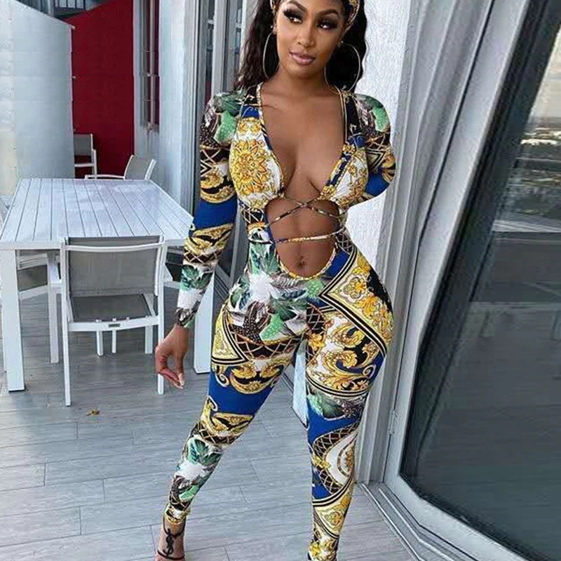 Kricesseen Sexy Print Lace Up Long Sleeve Jumpsuit Women Bandage Skinny Bodycon Fitness 2020 Sporty Active Wear Rompers