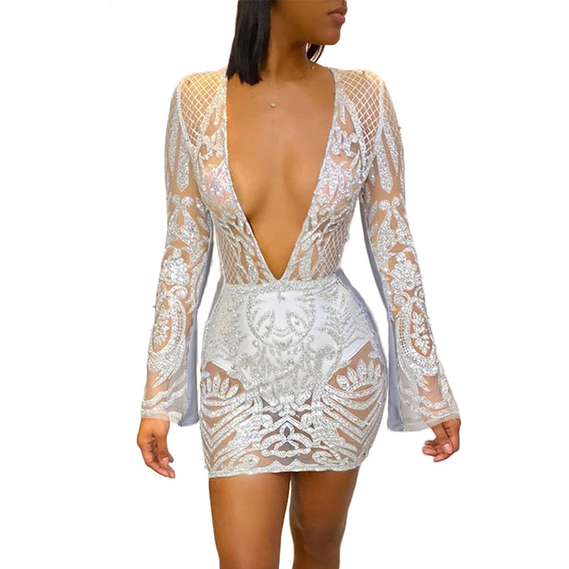 Kricesseen Sexy Sequined Patchwork Long Sleeve Dress Women Spring Sheer Deep V Neck Bodycon Party Clubwear Dresses Vestidos