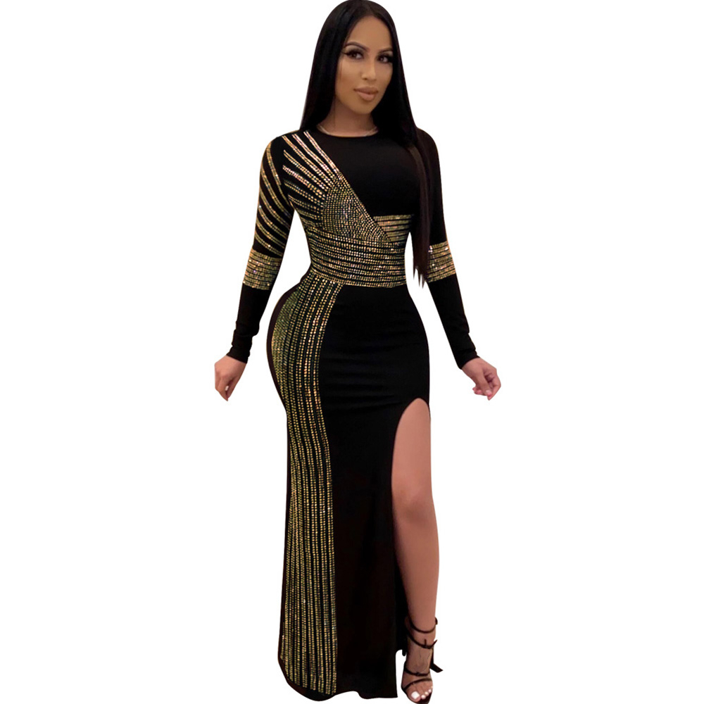 Abasona Diamonds Rhinestone Bodycon Party Maxi Dresses Sexy Night Club Split Side Winter Tight Vestidos Bandage 2021 Plus Size