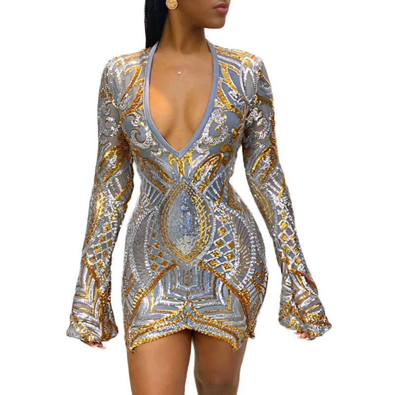 Kricesseen Sexy Gold Sequined Long Sleeve Slim Mini Dress Women Spring New V Neck Bodycon Birthdays Party Clubwear Dresses