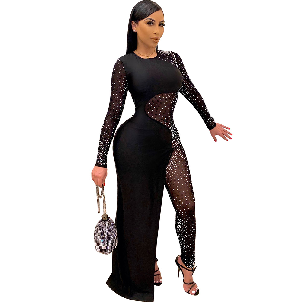 Abasona Sexy Mesh Bodycon Diamonds Rhinestone Rompers Womens Jumpsuit Full Sleeve Night Club Bandage Solid Playsuits Black 2021