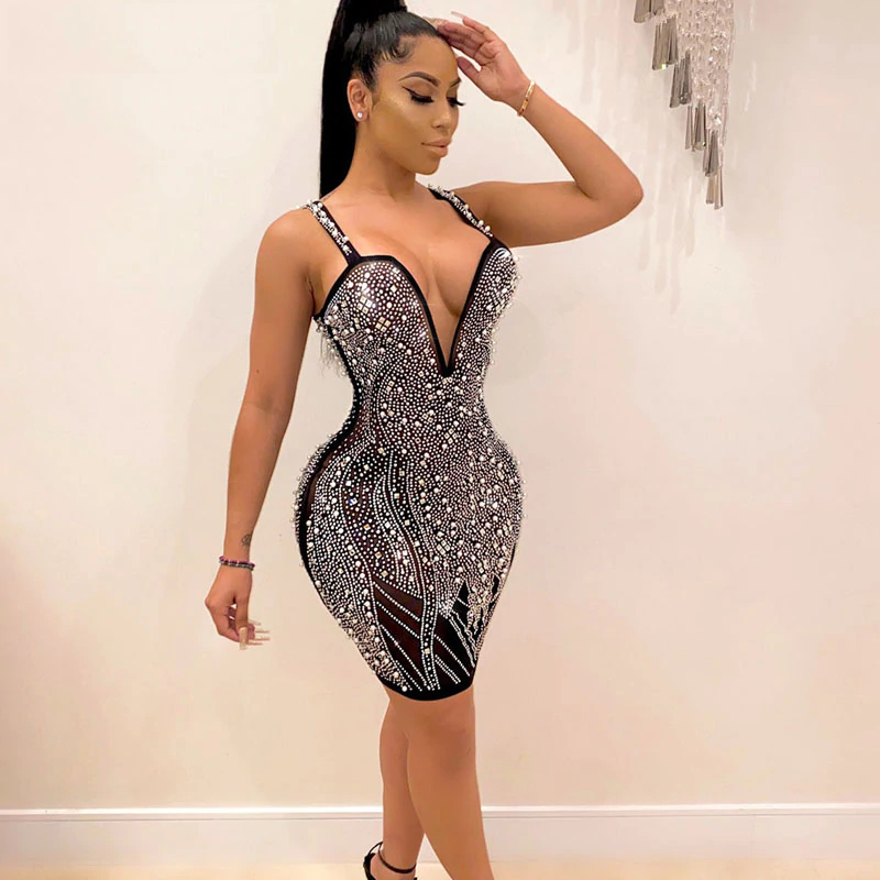 Kricesseen Sexy Black Strap Hot Sleeveless Crystal Diamond Mini Dress Women Mesh Patchwork Bodycon Party Clubwear Dress Vestidos