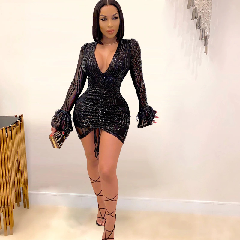 Kricesseen Sexy Black Sequined Deep V Neck Mini Dress New Women Feather Flare Sleeve Bodycon Drawstring Party Clubwear Dresses